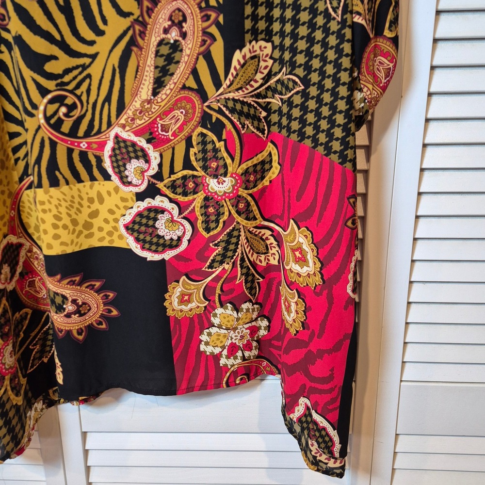 Melissa Paige Patchwork Print Tunic Top Black Red‎ Yellow Roll Tab Sleeve M/L - Picture 9 of 12